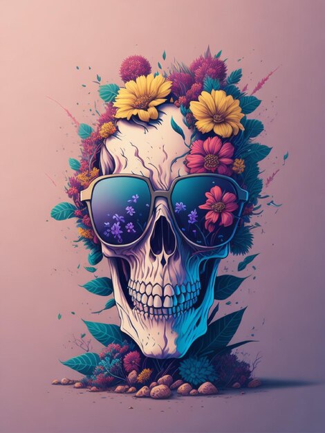 Dead Skull con gafas de sol modernas y salpicaduras de flores generadas por IA