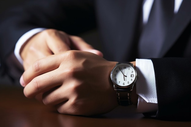 Deadline Geschäftsmann blickt auf Uhr, Investor, Zeitmanagement, Boss-Kostüm oder Anzug, generative KI