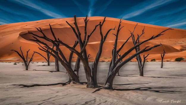 Deadvlei in Namib Naukluft Nationalpark Sossusvlei in Namibia tote Kameldornbäume gegen Oran