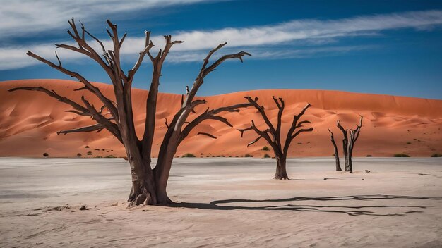 Foto deadvlei no namib naukluft parque nacional sossusvlei na namíbia árvores de espinho de camelo mortas contra oran