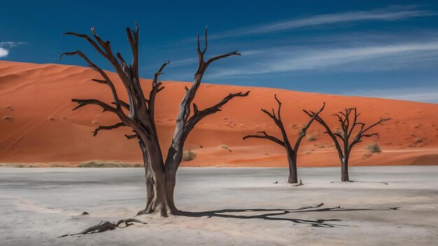 Foto deadvlei no namib naukluft parque nacional sossusvlei na namíbia árvores de espinho de camelo mortas contra oran