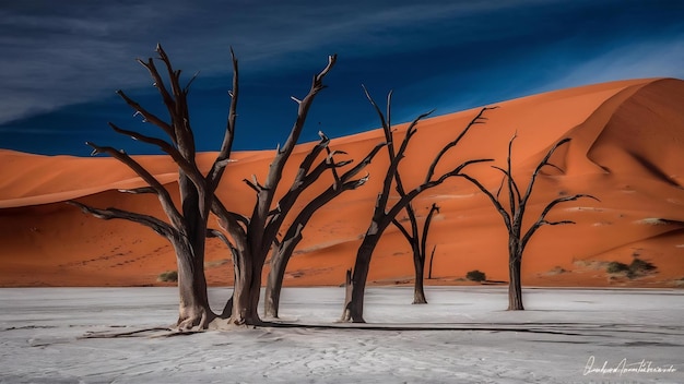 Foto deadvlei en el parque nacional de namib naukluft sossusvlei en namibia árboles de espino de camello muertos contra oran