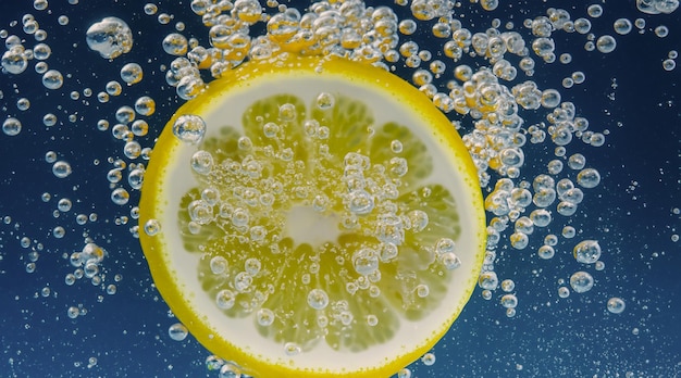 Foto debaixo d'água de limonada adoçada recém-espremida, que fatia de limão cru cai em água com gás contra um fundo azul escuro ou preto feche a limonada ou o coquetel de limão highball, bebida refrescante e fria