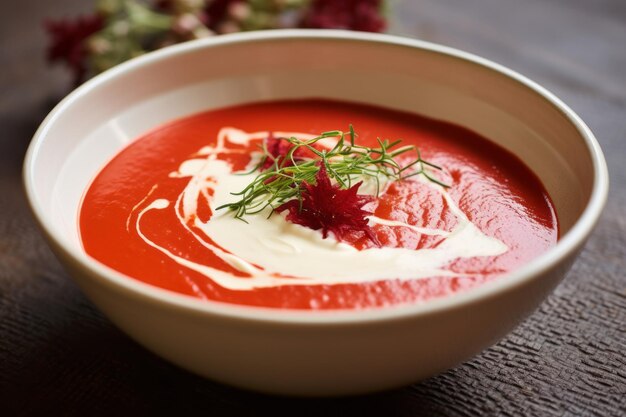 Debaixo da paleta do outono, uma sopa vermelha vibrante servida numa elegante tigela branca.