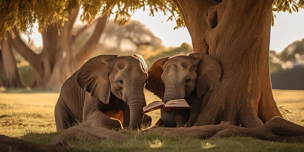 Foto debaixo de uma árvore num parque, dois elefantes jovens estão a ler um livro.
