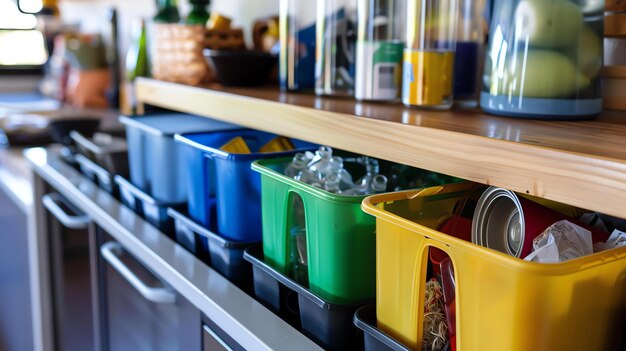 Foto debaixo do balcão de madeira da cozinha há quatro caixas de plástico para reciclagem da esquerda para a direita, são azuis, verdes, amarelos e vermelhos.