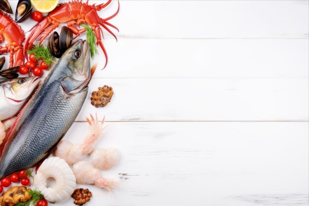 Debaixo do mar, peixes e frutos do mar frescos sobre um fundo de madeira branca