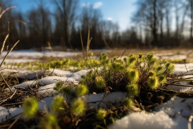 Debajo de la nieve hay hierba verde en la naturaleza