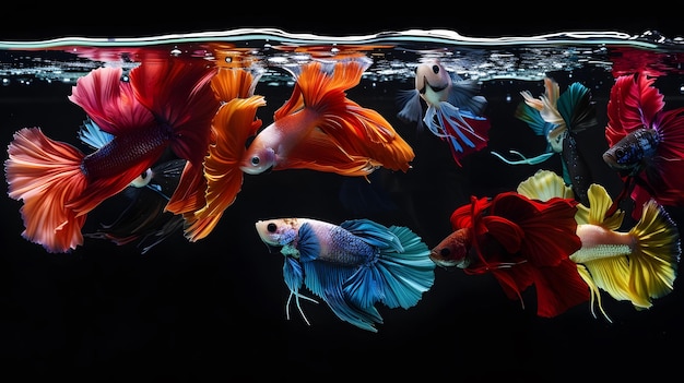 Foto debajo de la superficie prístina un grupo de coloridos peces betta anima el acuario