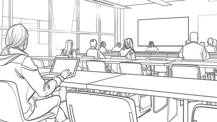 Foto debate en el aula perspectiva escena en blanco y negro contorno interior mínimo