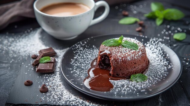 Foto decadente bolo de lava de chocolate com creme e guarnição de hortelã em um prato escuro perfeito para epicureus