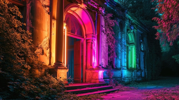 Foto la decadente fachada de un viejo palacio ahora iluminada en un electrizante arco iris de neón