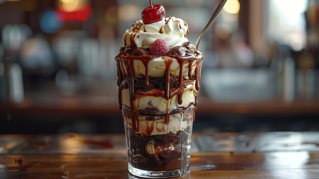 Decadente helado de chocolate cubierto de crema batida en un acogedor restaurante adornado con una cereza