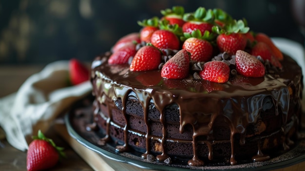 Decadente pastel de chocolate adornado con fresas frescas