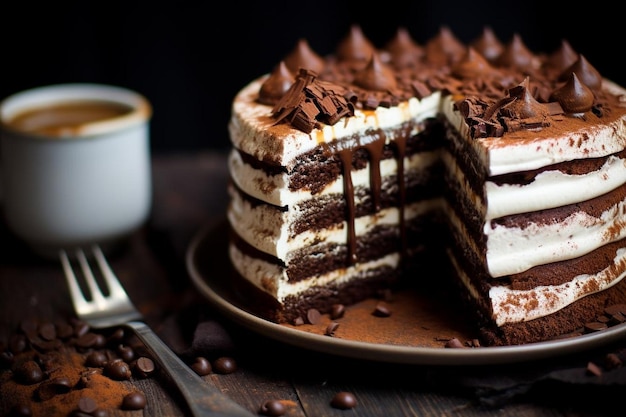 Decadente pastel de tiramisu con dedos de dama enlatados con espresso