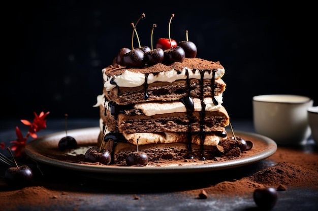 Decadente pastel de tiramisu con esponja con infusión de café