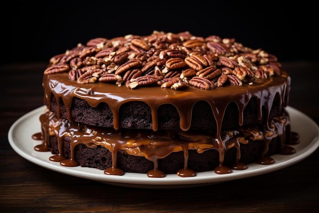 Decadente pastel de tortuga de caramelo de chocolate con nueces