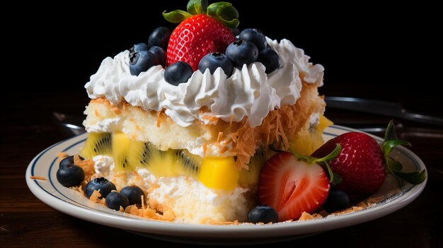 Foto decadente torta de tres leches pastel de esponja empapado en tres leches crema batida y fruta