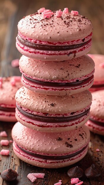 Decadentes macarrones rosados apilados salpicados de cacao y adornados con dulces