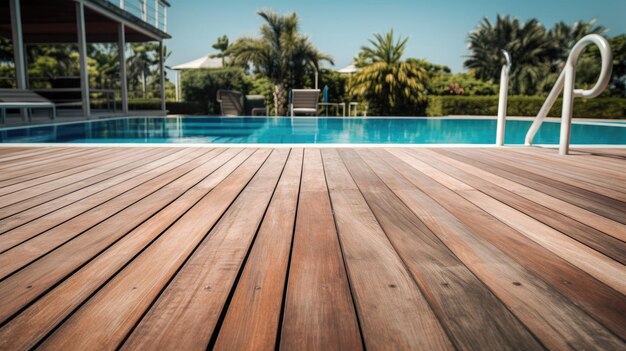 Foto deck de madeira com piscina ao fundo