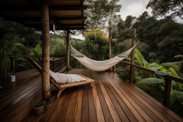 Deck de madeira com rede e vista para o jardim lugar perfeito para relaxar