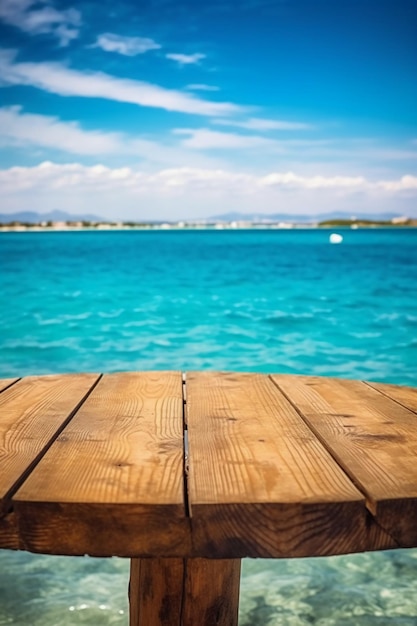 Deck de madeira com um mar azul e o céu ao fundo