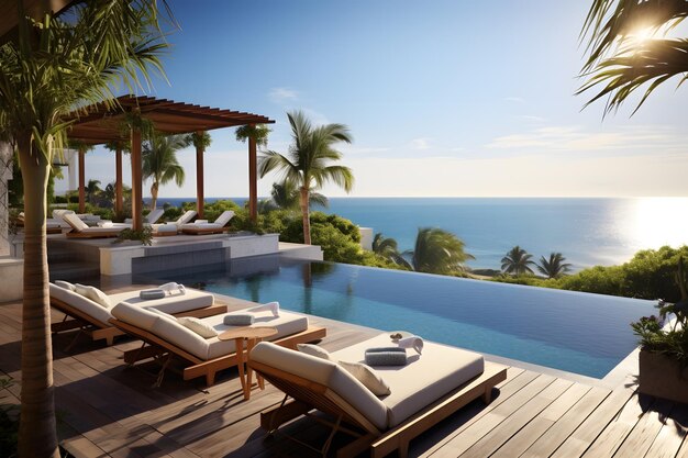 Foto deck de piscina de hotel de luxo com vista para o oceano