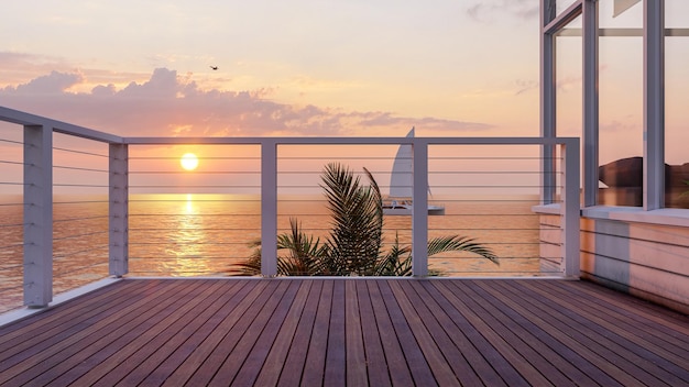 Deck de varanda de madeira ao ar livre à beira-mar e bela vista do mar no pôr do sol, renderização em 3d