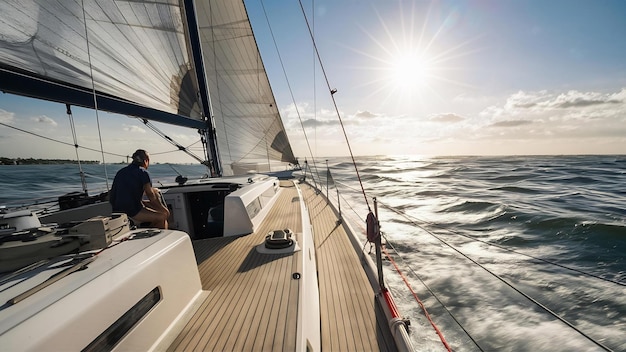 Deck eines professionellen Segelbootes oder einer Rennyacht während des Wettkampfes an sonnigen und windigen Sommertagen