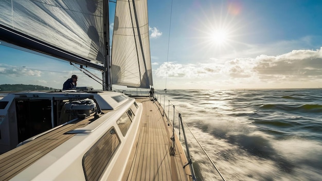 Deck eines professionellen Segelbootes oder einer Rennyacht während des Wettkampfes an sonnigen und windigen Sommertagen