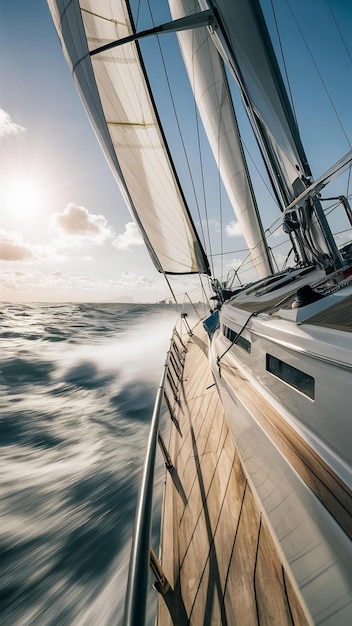 Deck eines professionellen Segelbootes oder einer Rennyacht während des Wettkampfes an sonnigen und windigen Sommertagen