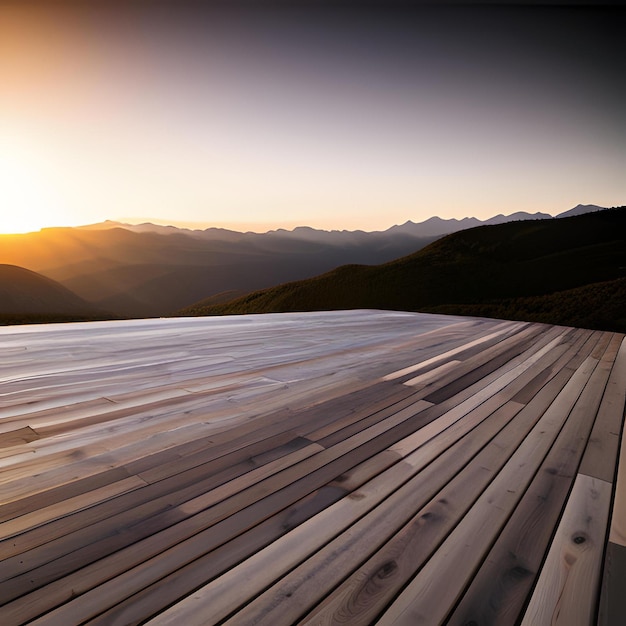 Un deck de madera con un atardecer de fondo.