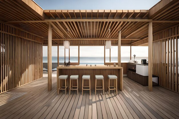 Un deck de madera con barra y vista al mar.