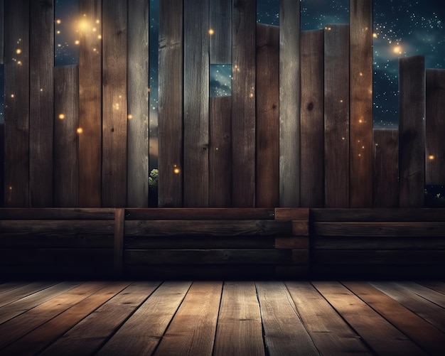 Un deck de madera con un cielo estrellado y estrellas al fondo