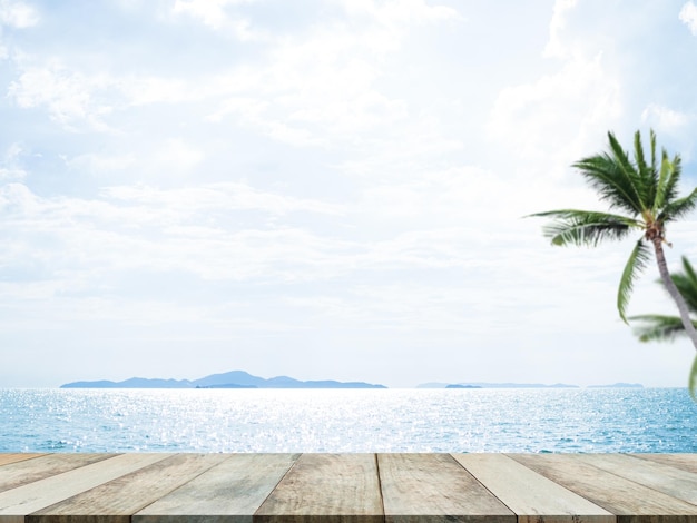 Deck de madera con una palmera y el mar de fondo