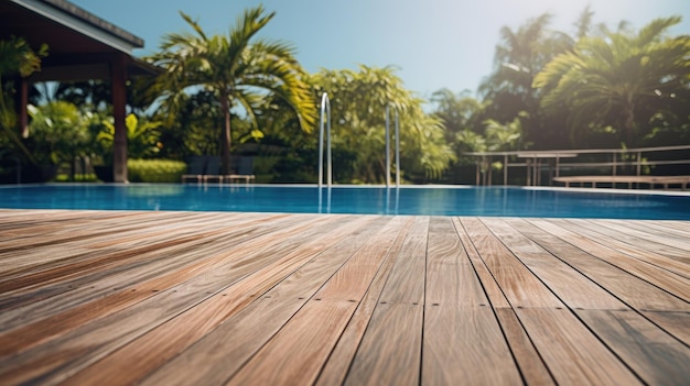 Un deck de madera con una piscina al fondo