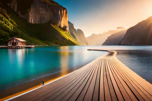 Un deck de madera con vista a una montaña y un atardecer de fondo