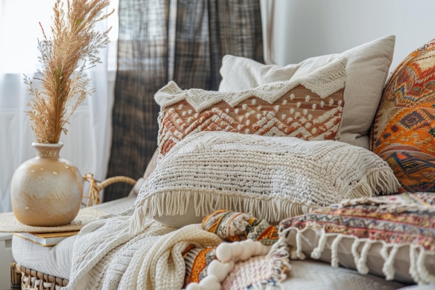 Decken und Kissen im böhmischen Stil Details des Boho-Stil-Eco-Design-Interiors Generative KI