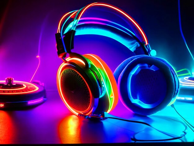 Decks de DJ de neón brillantes y auriculares descarga de imágenes gratis