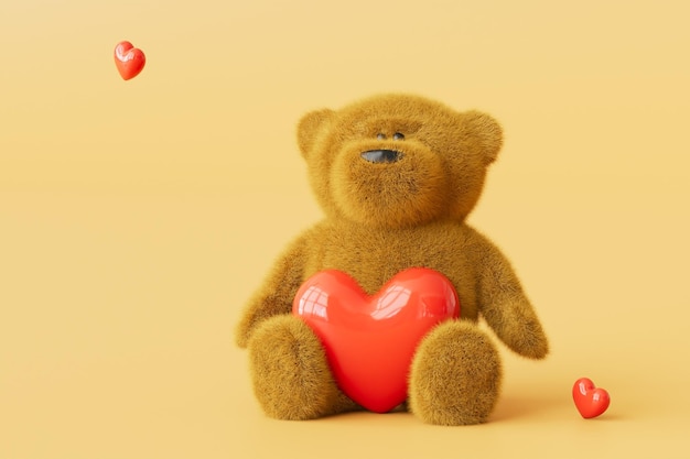 Una declaración de amor osito de peluche con un corazón sobre un fondo beige 3D Render