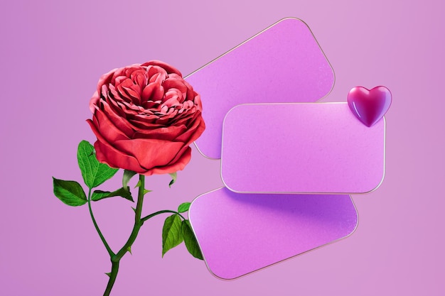 una declaración de amor. tablas de texto con un corazón y una rosa sobre un fondo morado. renderizado 3D