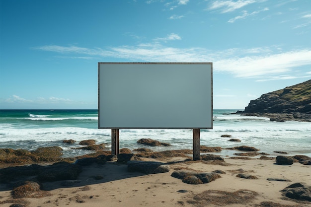 Foto declaración de la costa cartelera vacía que contrasta con la extensión del mar en la playa de arena