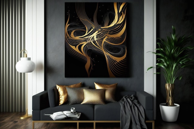 deco abstracto en colores de diseño negro y dorado en la pared en un interior neural en estilo minimalista
