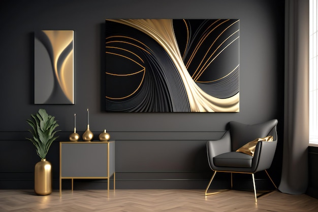 deco abstracto en colores de diseño negro y dorado en la pared en un interior neural en estilo minimalista