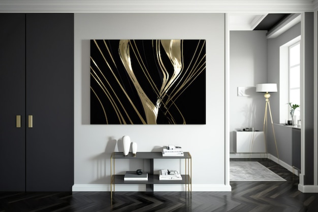 deco abstracto en colores de diseño negro y dorado en la pared en un interior neural en estilo minimalista