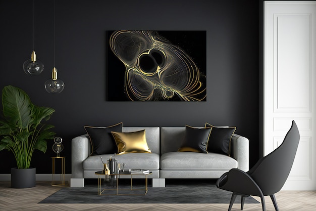 deco abstracto en colores de diseño negro y dorado en la pared en un interior neural en estilo minimalista