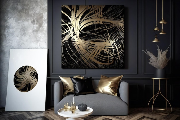 deco abstrato em cores de design preto e dourado na parede em um interior neural em estilo minimalista