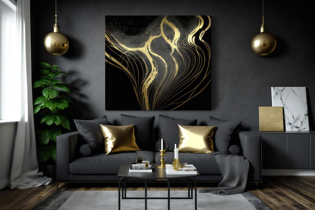 deco abstrato em cores de design preto e dourado na parede em um interior neural em estilo minimalista