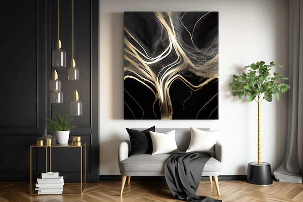 deco abstrato em cores de design preto e dourado na parede em um interior neural em estilo minimalista