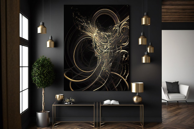 deco abstrato em cores de design preto e dourado na parede em um interior neural em estilo minimalista